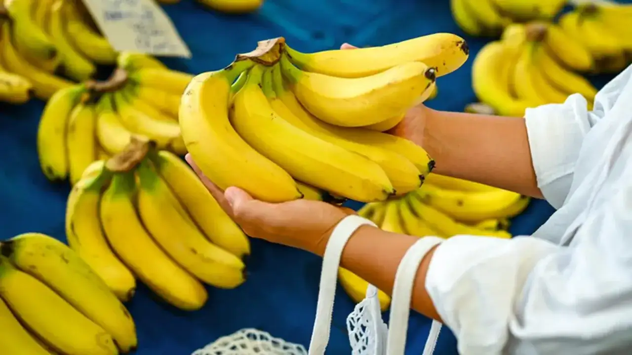 Ręce trzymające pęk żółtych bananów, które są zdrowe dla nerek. W tle widać więcej bananów.