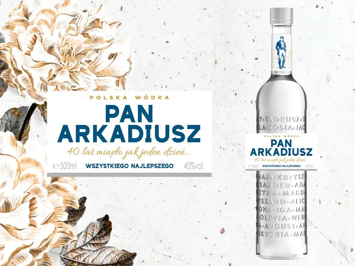 Elegancka butelka polskiej wódki "Pan Arkadiusz" z dedykacją na 40. urodziny. Idealny prezent dla każdego Pana Arkadiusza.