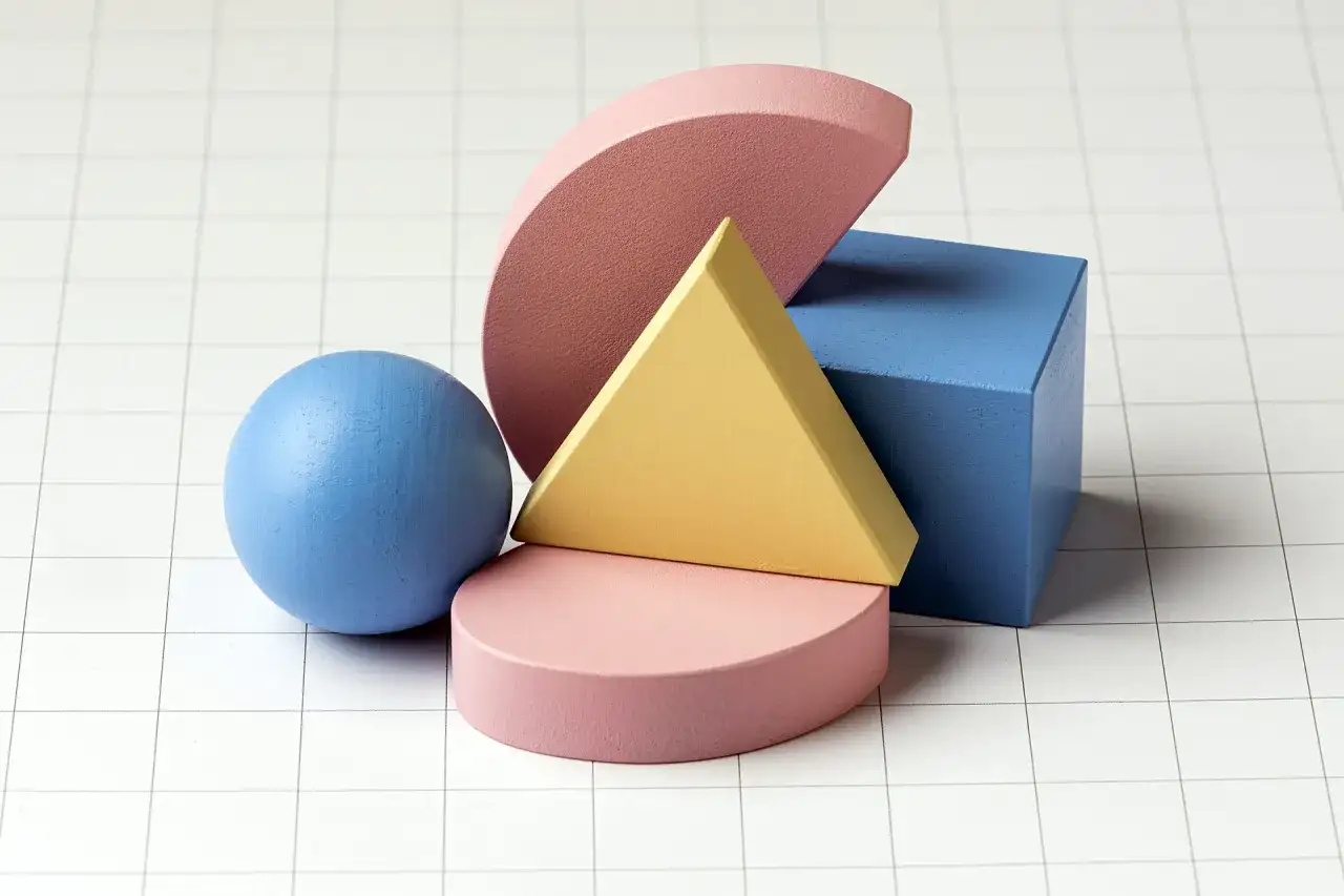 Kolorowe figury geometryczne: kula, sześcian, trójkąt i półkola na siatce.