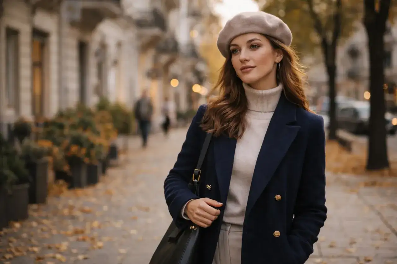 Elegancka kobieta w beżowym beretcie i granatowym płaszczu spaceruje po jesiennej ulicy. Pokazuje, jak założyć beret, by wyglądać stylowo.