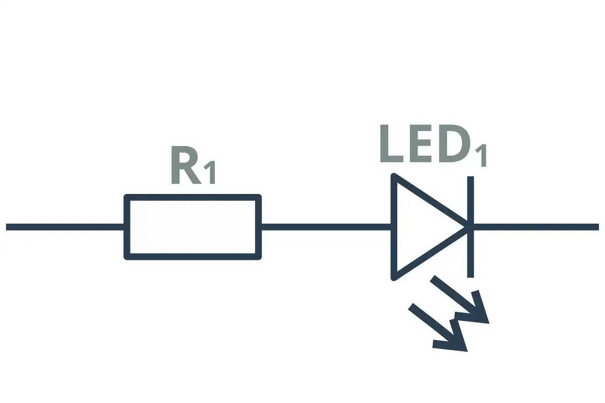 Schemat obwodu: rezystor R1 i dioda LED1 w połączenie szeregowe.