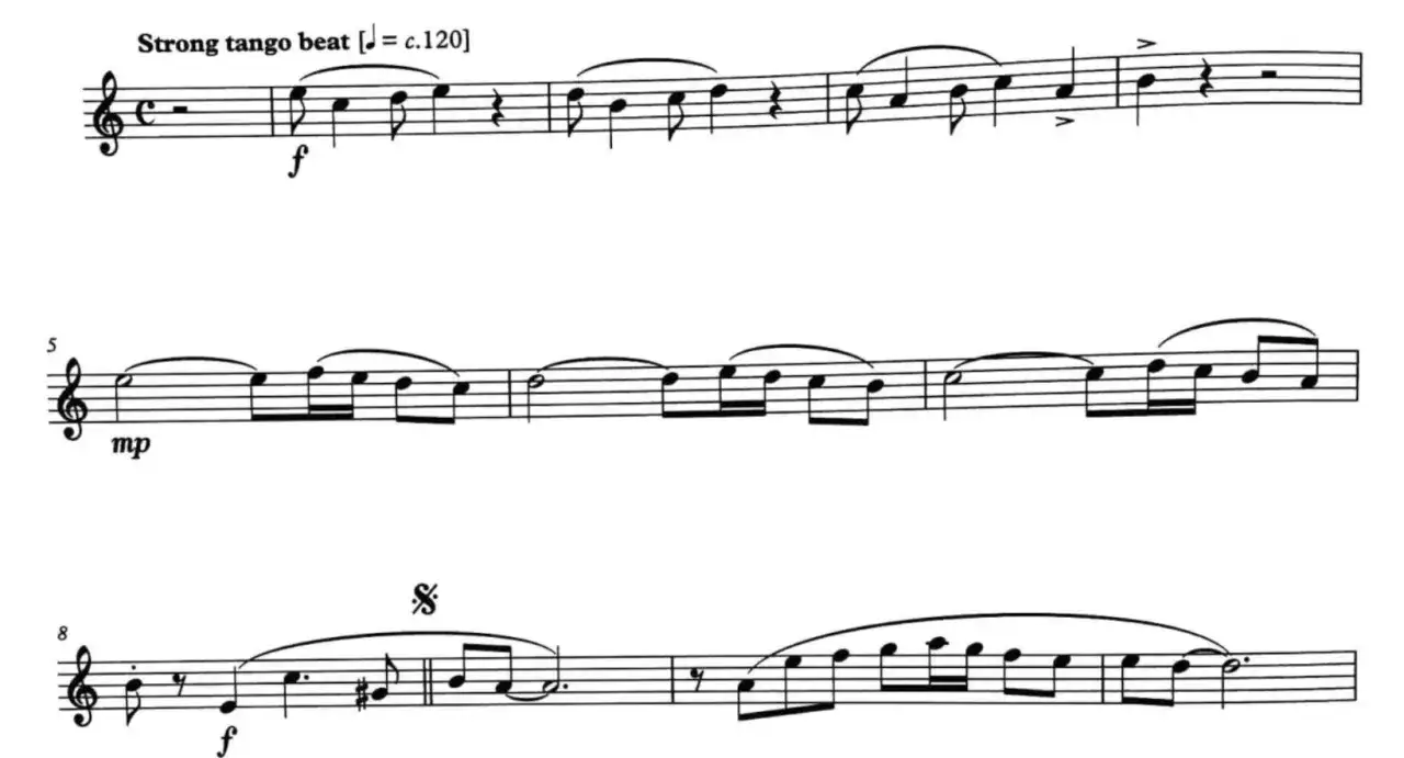 Fragment nut z zaznaczonym tempem tanga i dynamiką forte i mezzo piano.
