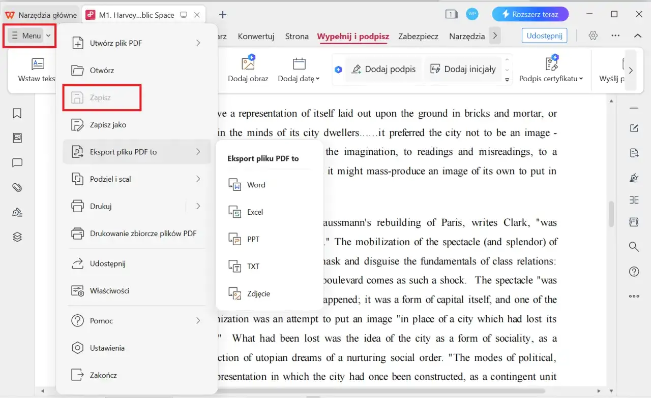 Menu "Zapisz" pozwala na edycję PDF. Wybierz opcję "Eksport pliku PDF to", aby przekonwertować dokument.