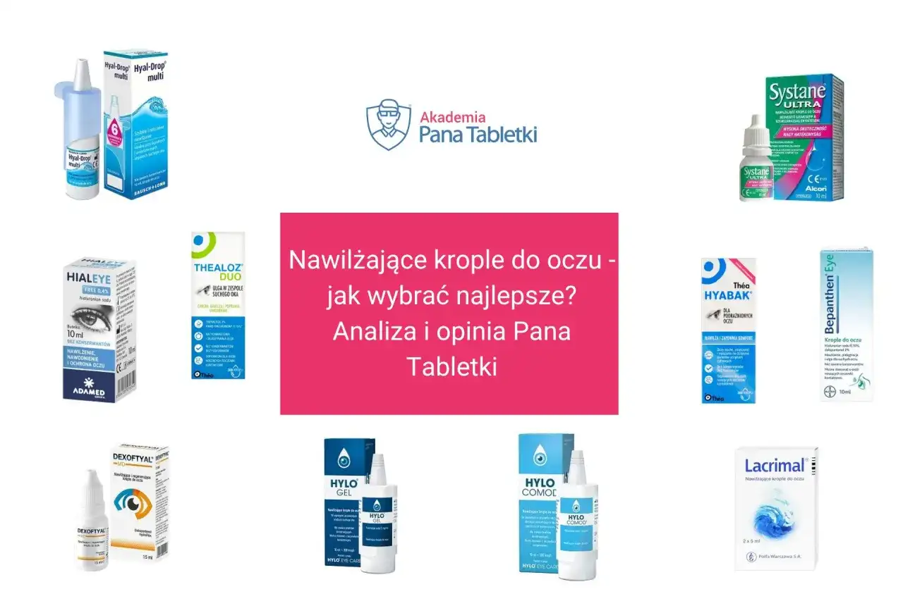 Krople na czerwone oczy: Hialeye, Thealoz Duo, Systane, Hyabak, Bepanthen Eye, Dexoftal, Hylo Gel, Hylo Comod, Lacrimal.