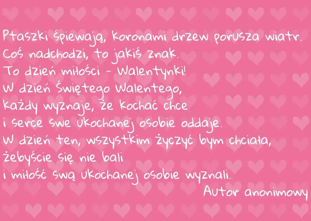 Wiersze miłosne dla zakochanych na Walentynki. Romantyczny tekst o miłości i odwadze w wyznawaniu uczuć, na różowym tle z serduszkami.