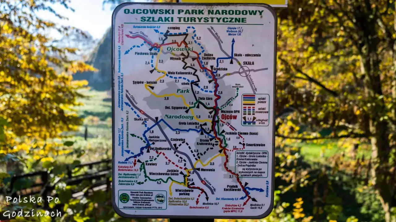 Mapa szlaków turystycznych Ojcowskiego Parku Narodowego. Ciekawostki o trasach pieszych i rowerowych, odległościach i atrakcjach.