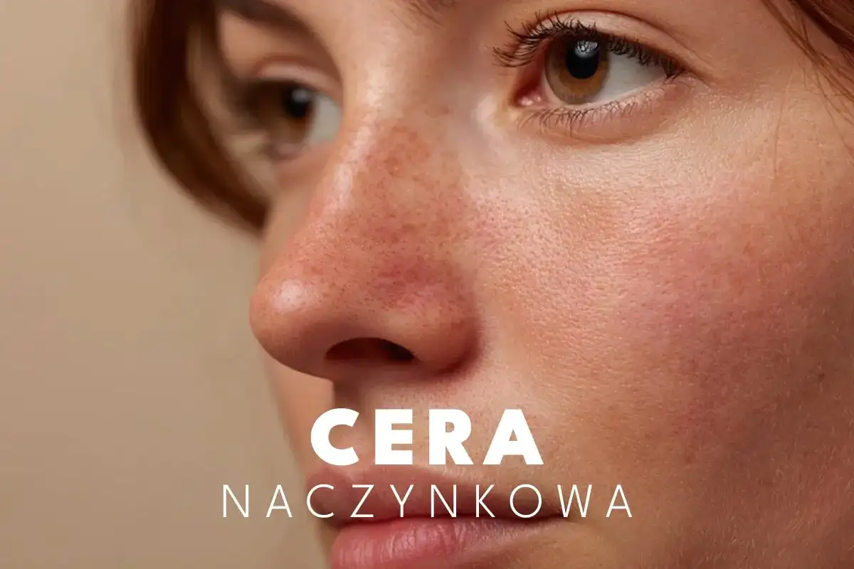 Zbliżenie na twarz z widocznymi rumieńcami i drobnymi naczynkami. Tekst: CERA NACZYŃKOWA.