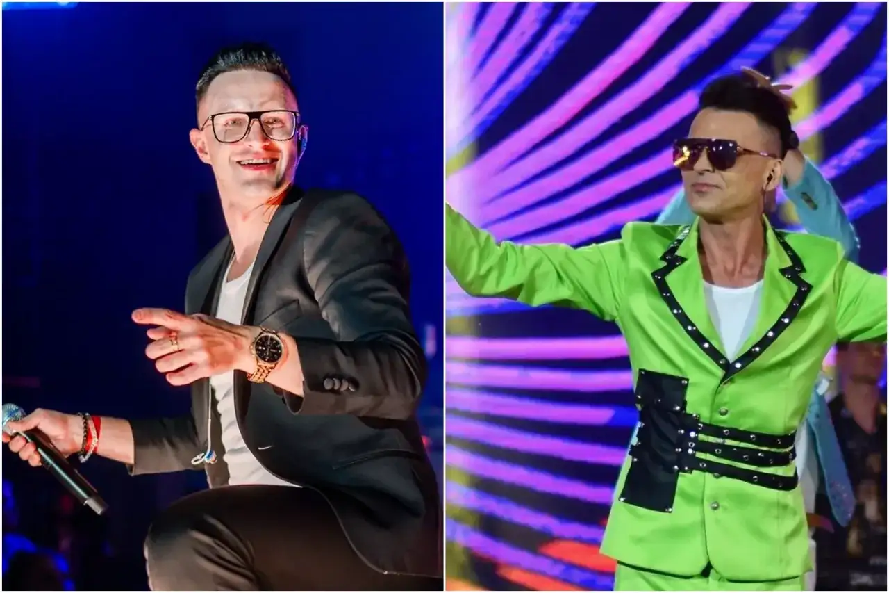 Gwiazdy disco polo z wschodniej Polski: Zenek Martyniuk w czarnym garniturze i w zielonej stylizacji na scenie.