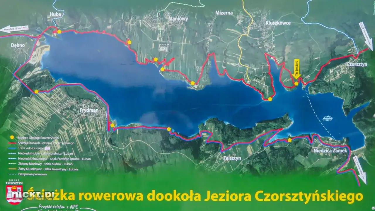 Mapa z zaznaczoną trasą rowerową dookoła Jeziora Czorsztyńskiego. Widoczne miejscowości: Frydman, Niedzica Zamek, Czorsztyn.