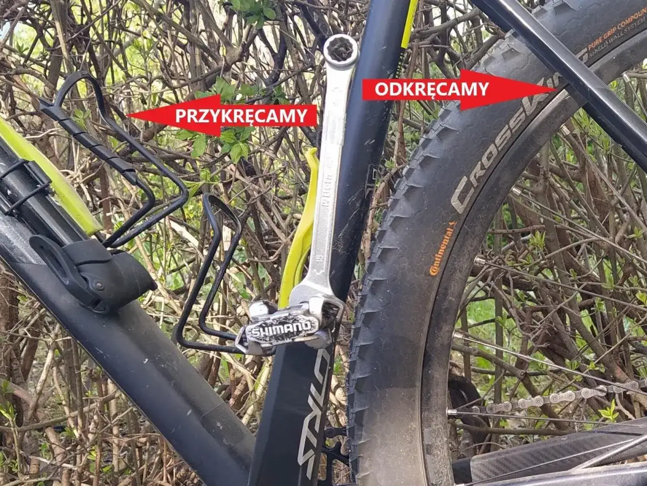 Klucz nasadowy przy pedale Shimano. Strzałki pokazują, jak dokręcić pedały w rowerze: "przykręcamy" i "odkręcamy".