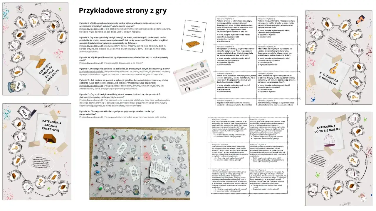 Gra planszowa z pytaniami o pułapki myślenia, np. "czytanie w myślach" i "czarnowidztwo".