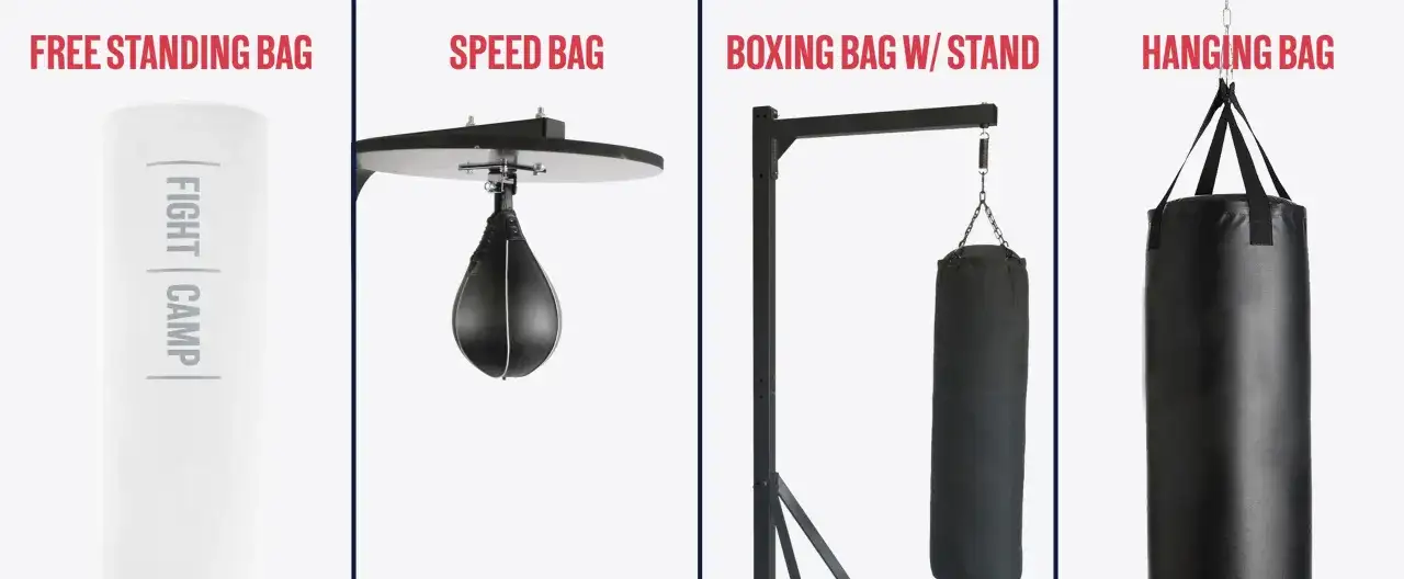 Vier Arten von Boxsäcken im Test: freistehend, Speed Bag, mit Ständer und hängend.