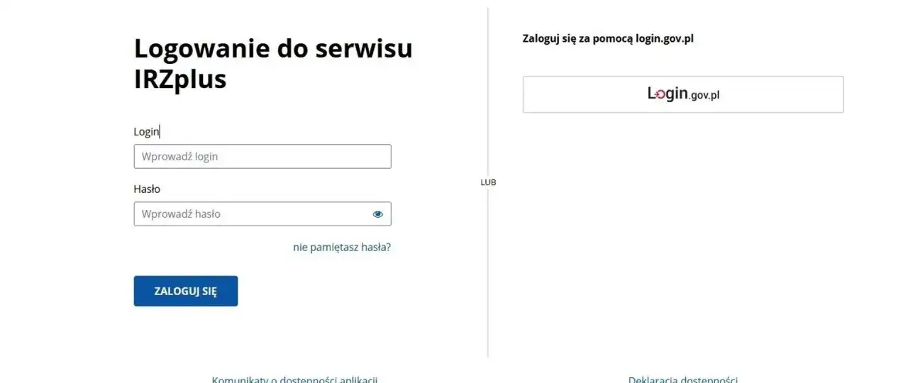 Ekran logowania do serwisu IRZplus, gdzie można wprowadzić login i hasło lub zalogować się przez login.gov.pl. Ułatwia to rejestrację zwierząt (IRZ).