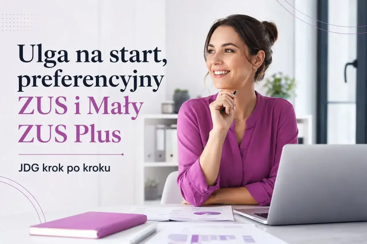 Uśmiechnięta kobieta przy biurku, myśląca o ulga na start, preferencyjny ZUS i Mały ZUS Plus. JDG krok po kroku.