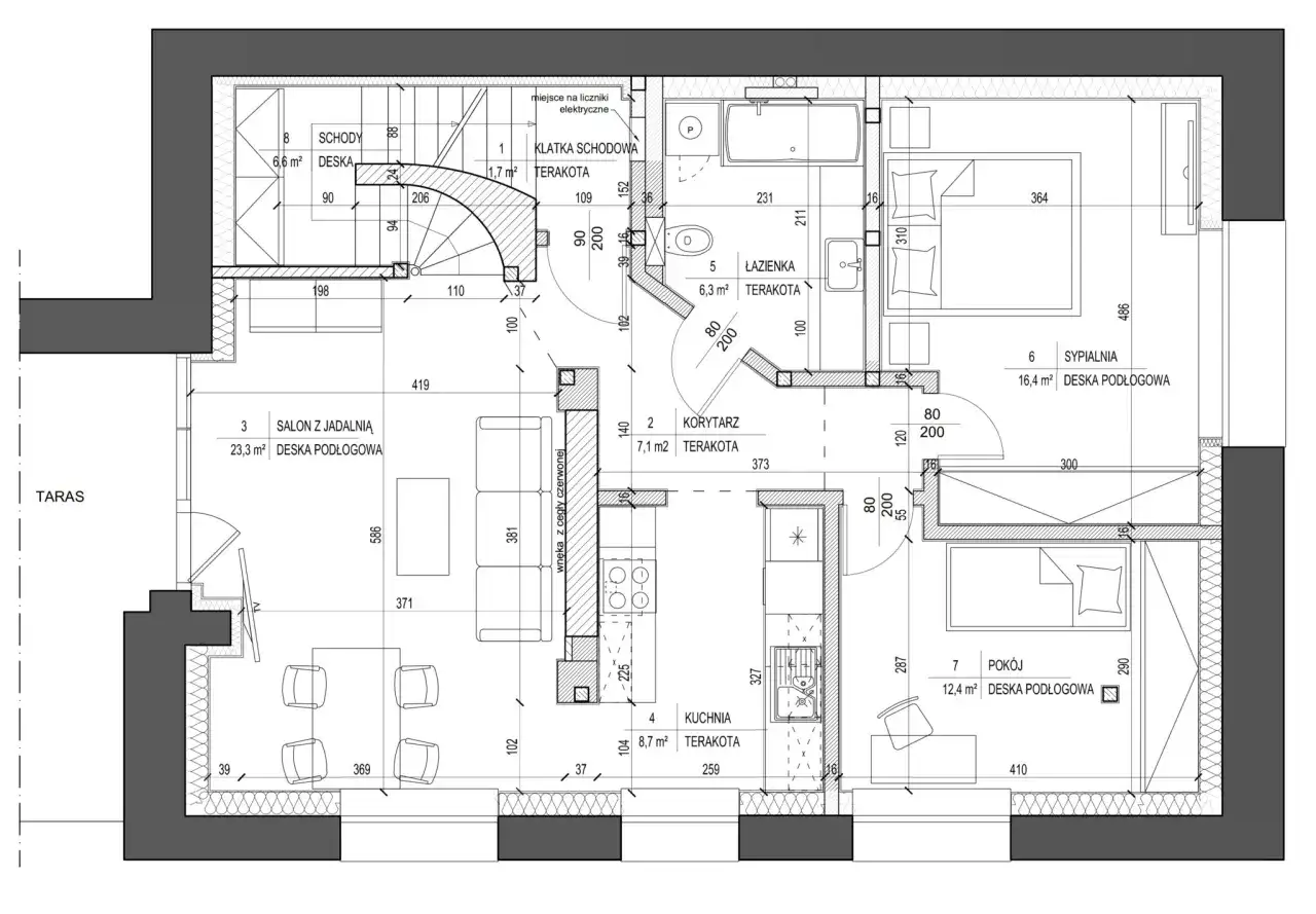 Projekt adaptacji poddasza: salon z jadalnią, kuchnia, łazienka, sypialnia i pokój.