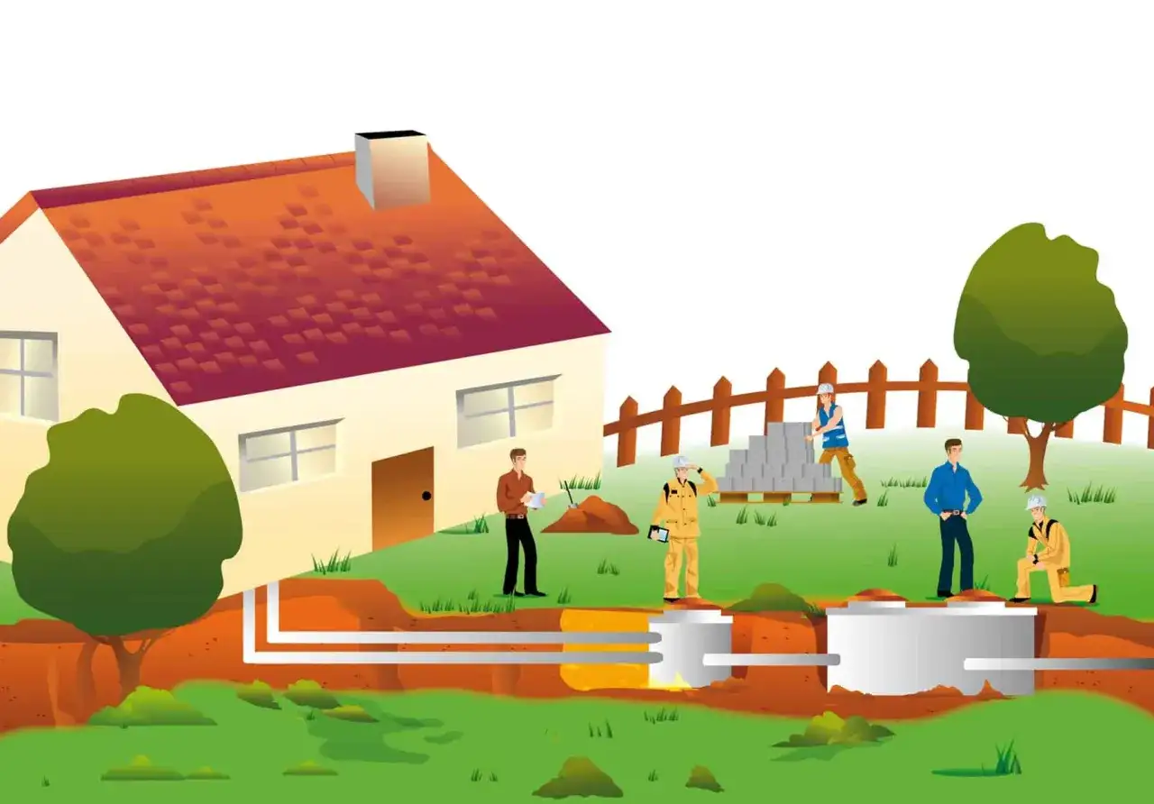 Przedstawienie budowy przydomowej oczyszczalni ścieków, gdzie pracownicy analizują projekt i materiały, co wpływa na koszt budowy oczyszczalni ścieków.