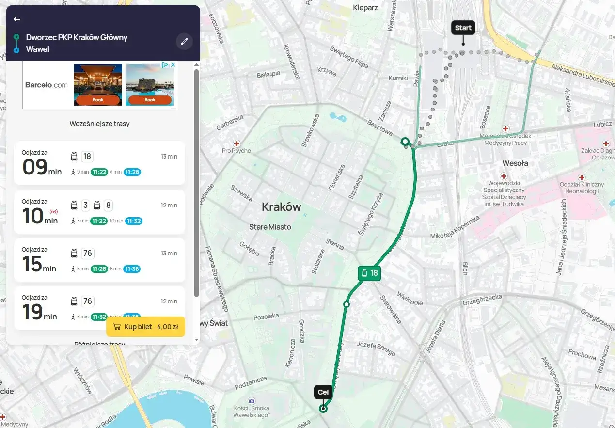 Jak dojechać z dworca w Krakowie do Prokocimia? Mapa pokazuje trasę tramwajem linii 18, czas przejazdu 13 minut.