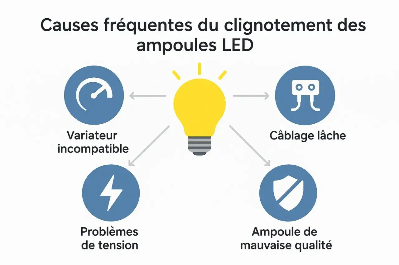Causes de clignotement d'un plafonnier LED : variateur incompatible, câblage lâche, problèmes de tension, ampoule de mauvaise qualité.