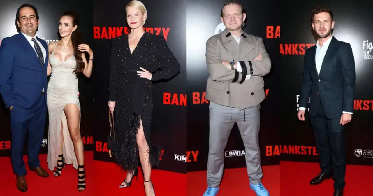 Banksterzy obsada: mężczyzna w niebieskim garniturze, kobieta w srebrnej sukni, kobieta w czarnej sukni z piórami, mężczyzna w beżowej marynarce i mężczyzna w kratowanym garniturze.