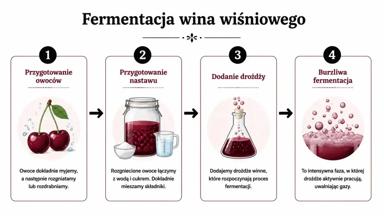 Proces tworzenia domowego alkoholu z wiśni: od przygotowania owoców, przez nastaw, dodanie drożdży, aż po burzliwą fermentację.
