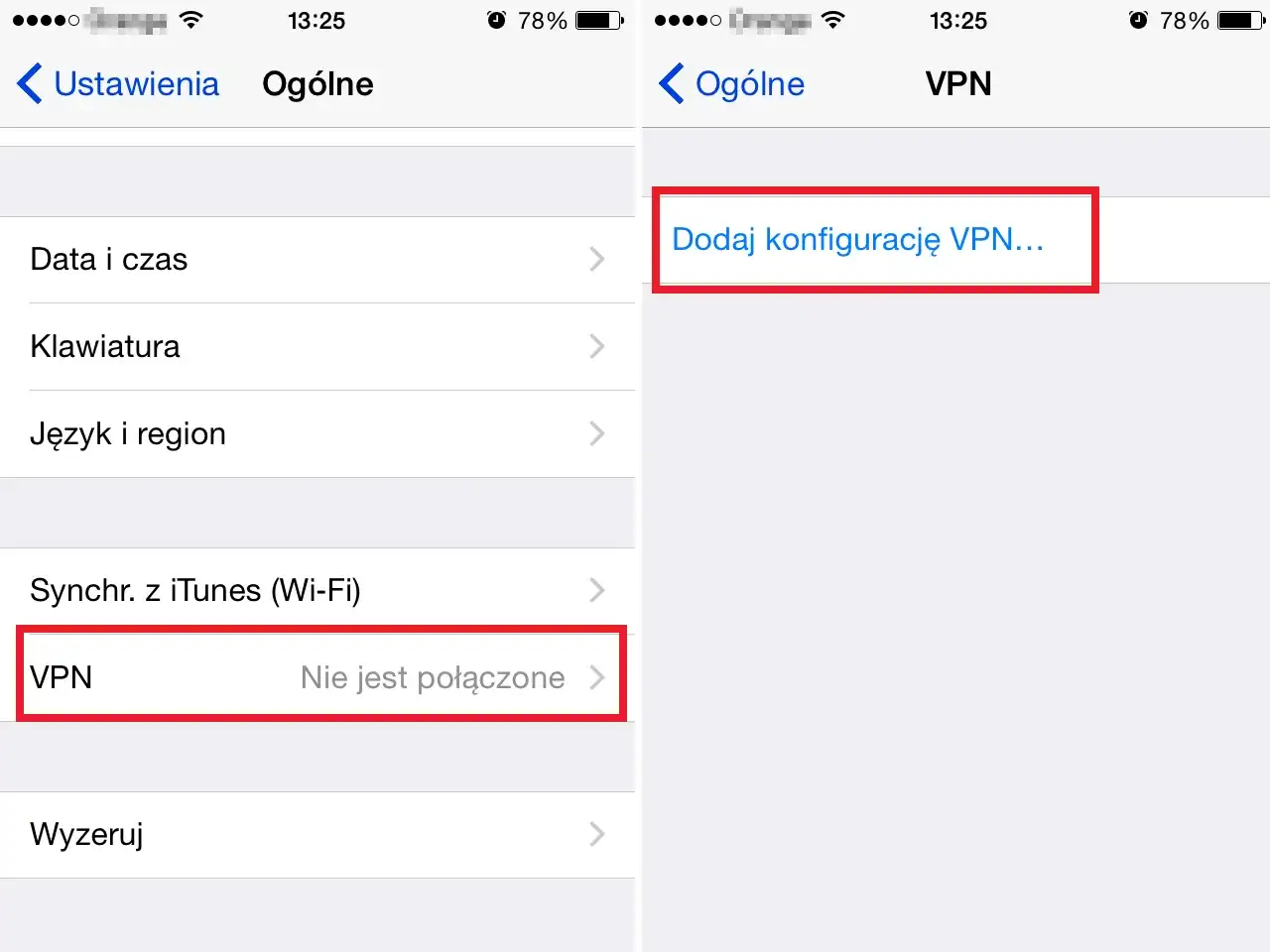 Ekran iPhone'a z opcją "Dodaj konfigurację VPN..." oraz sekcją "VPN" z informacją "Nie jest połączone".