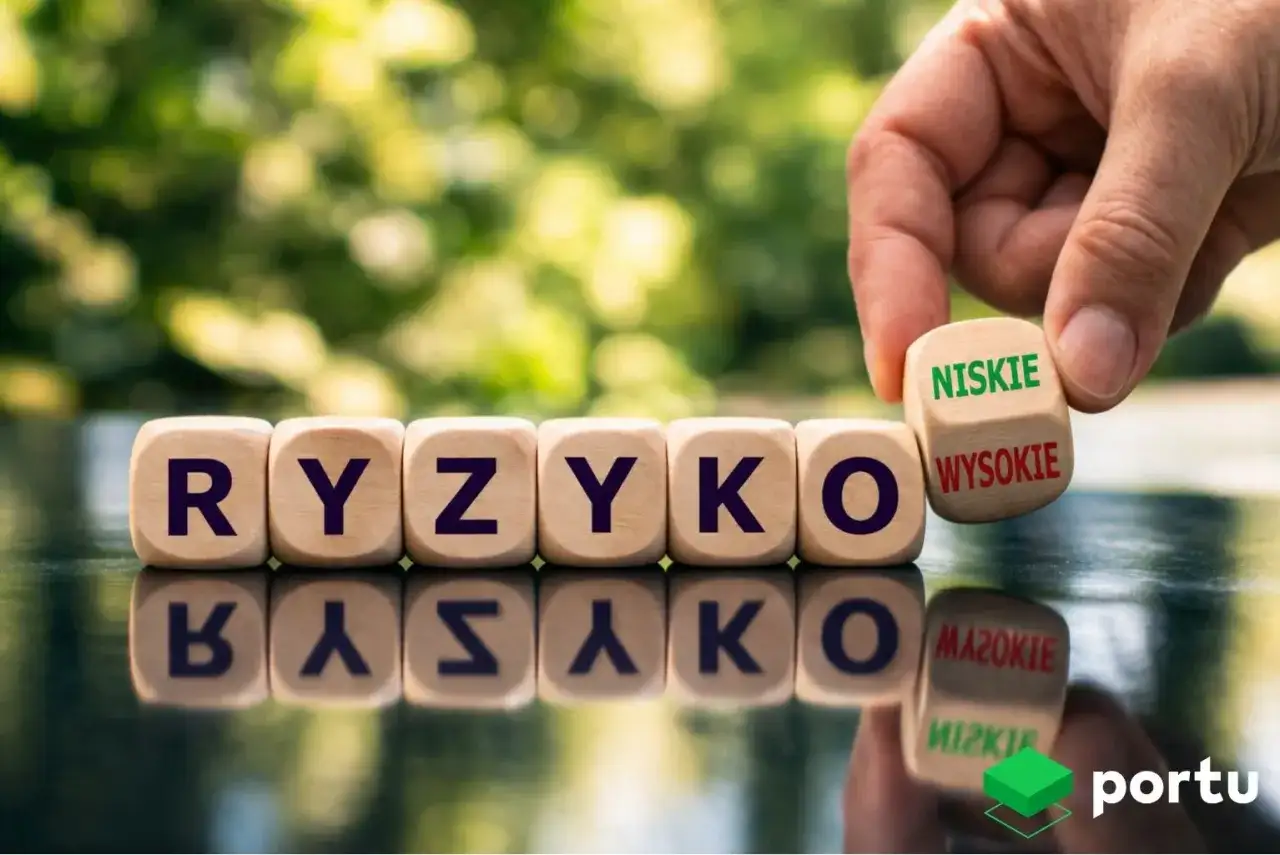 Sześć kostek z literami układa się w słowo "RYZYKO". Siódma kostka, obracana przez dłoń, pokazuje opcje "NISKIE" i "WYSOKIE", symbolizując ryzyko inwestycji.
