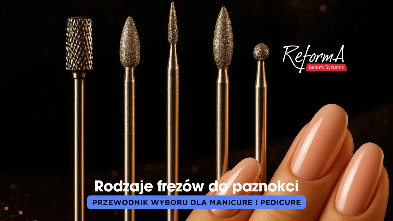 Różne frezy do skórek i paznokci, w tym frez walcowy i stożkowe. Idealny przewodnik po wyborze frezów do manicure i pedicure.