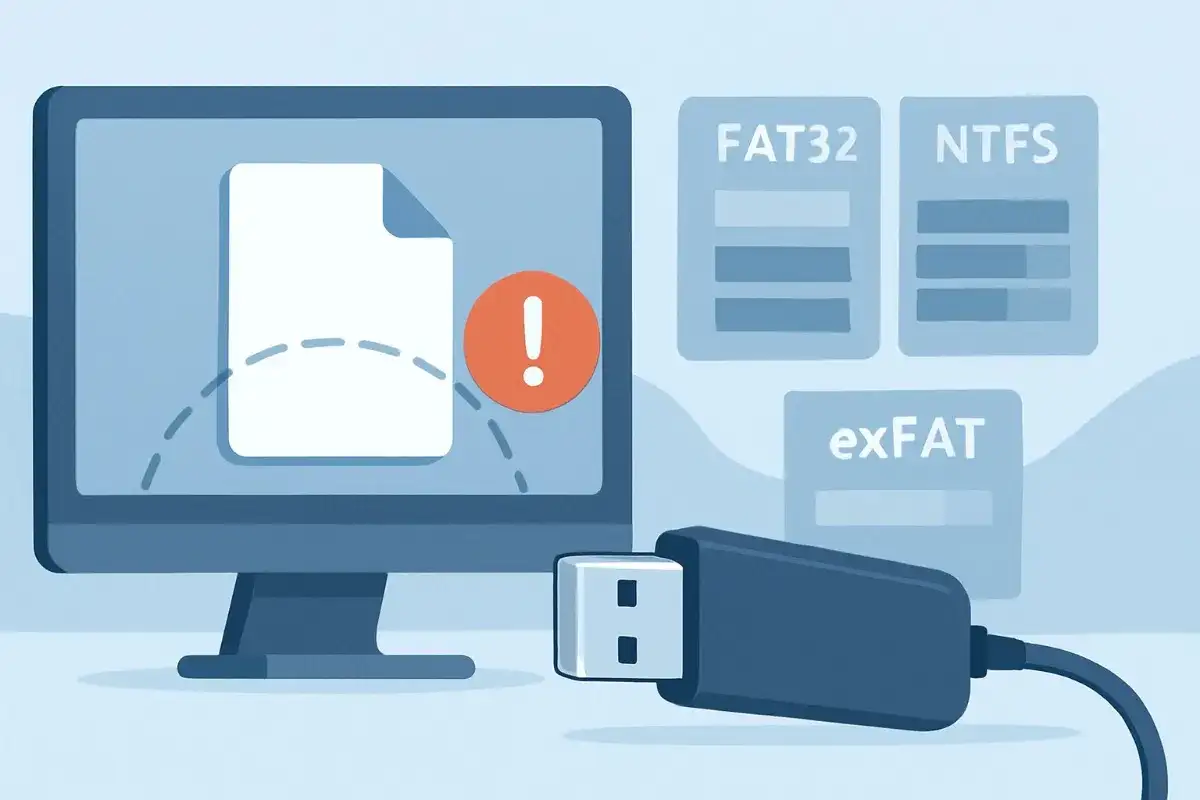 Problem z plikiem na pendrivie, system plików FAT32 może być przyczyną. Obok ikony błędu widoczne są opcje formatowania: FAT32, NTFS, exFAT.