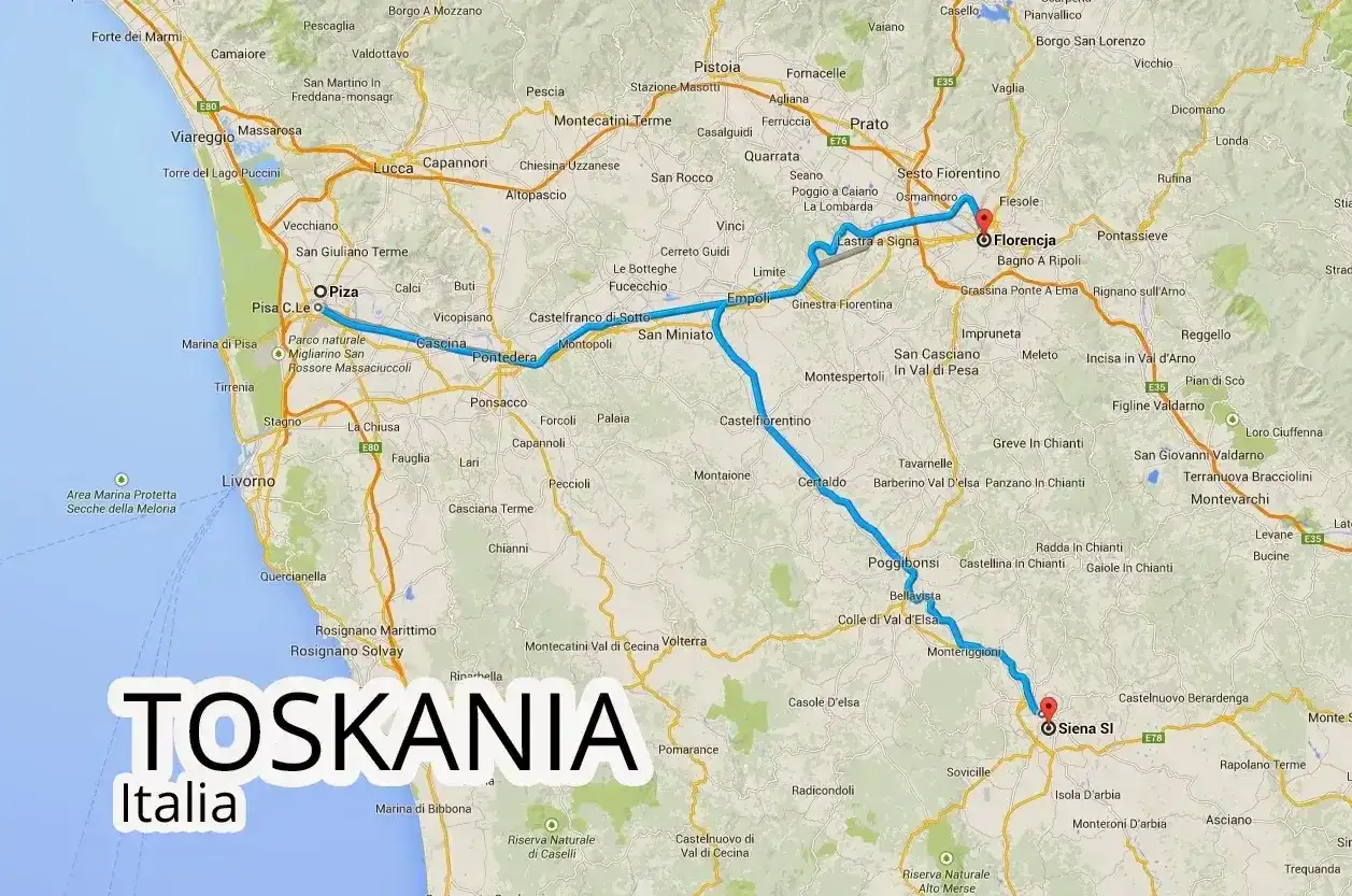 Trasa z lotniska w Toskanii przez Pizę do Florencji i Sieny.