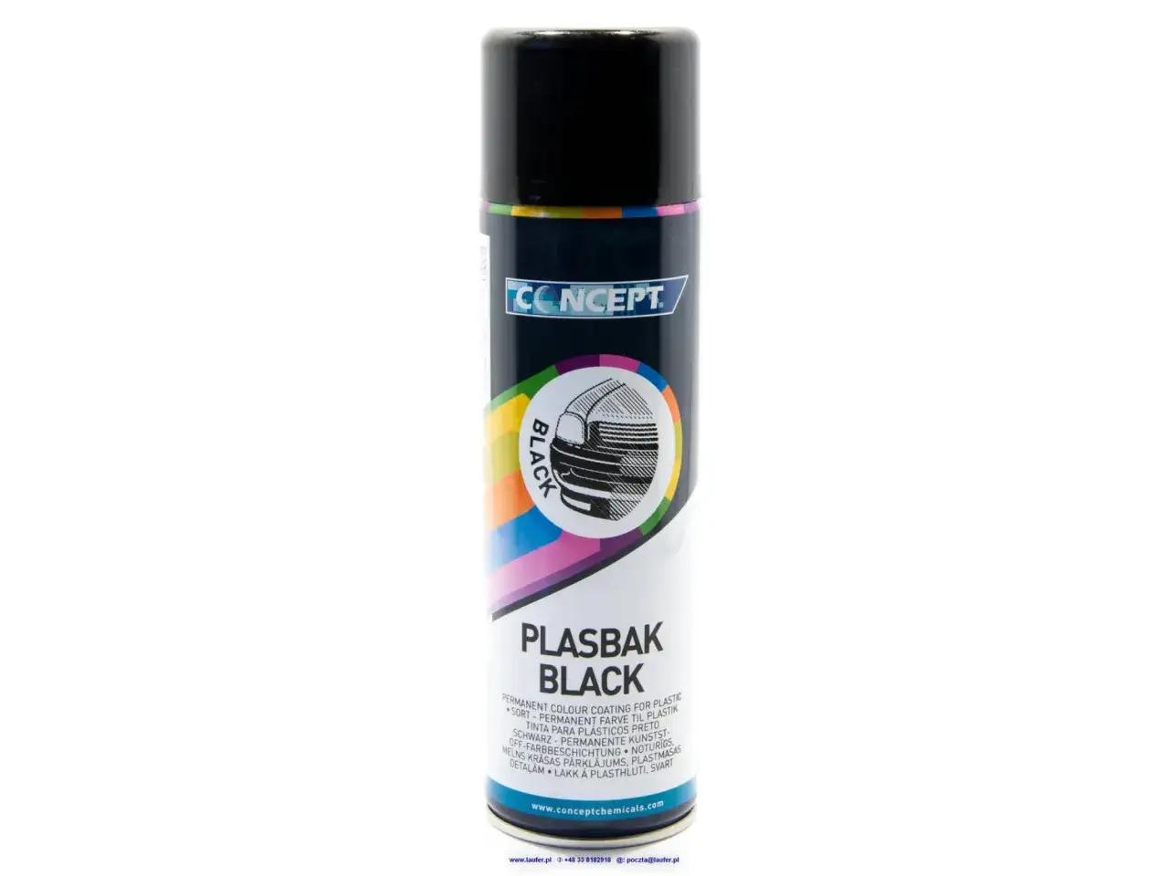 Czarna farba w sprayu Concept Plasbak Black. Idealna jako trwała farba do plastiku na zewnątrz, odnawia elementy samochodowe.