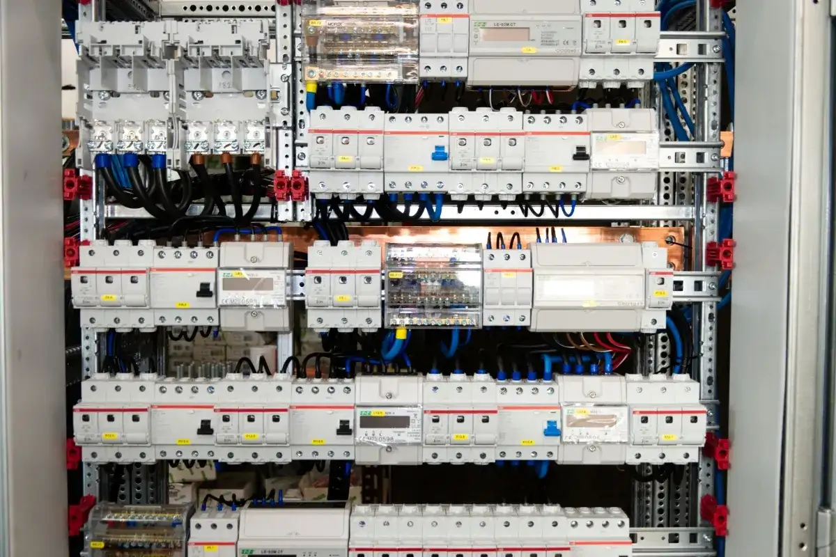 Panel elektryczny z licznymi wyłącznikami i zabezpieczeniami, połączonymi przewodami. Widać tu szyny elektryczne, które stanowią podstawę montażu.