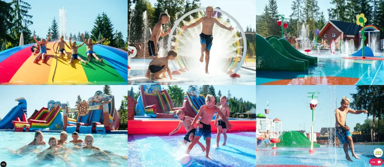 Dzieci bawią się w polskim aquaparku, ślizgając się po tęczowej zjeżdżalni i biegając wśród fontann.