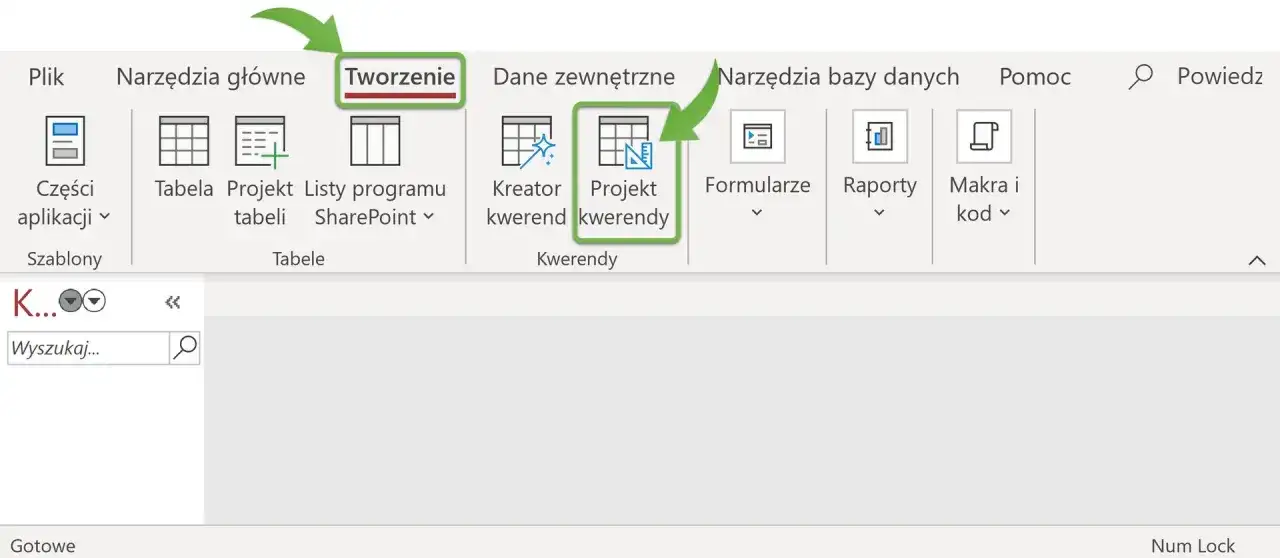 Narzędzie "Projekt kwerendy" w zakładce "Tworzenie" pozwala na budowanie złożonych zapytań do bazy danych.