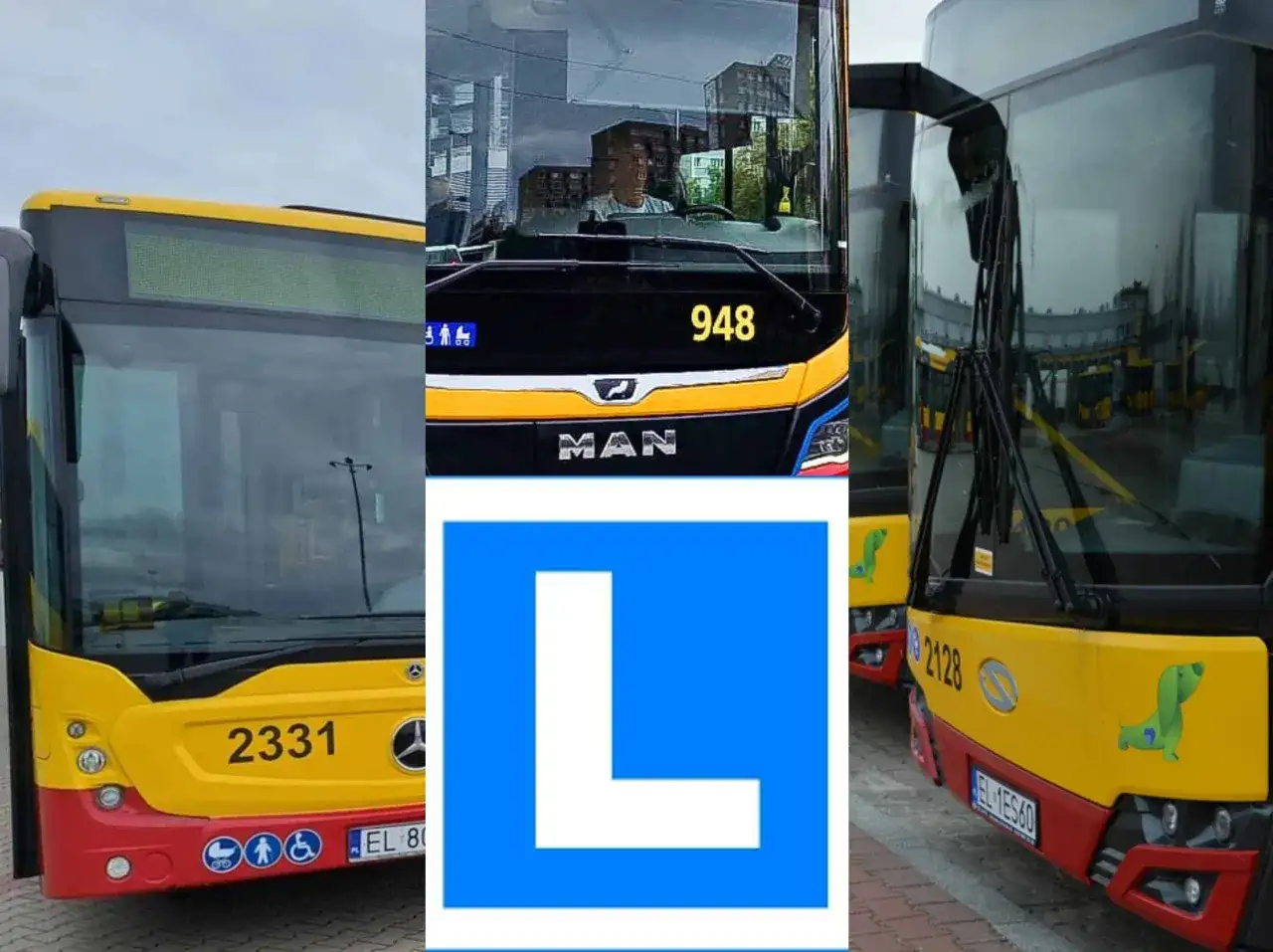 Trzy autobusy, jeden z nich z literą "L" na niebieskim tle. Może to symbol nauki jazdy autobusem w Koninie lub Łodzi.