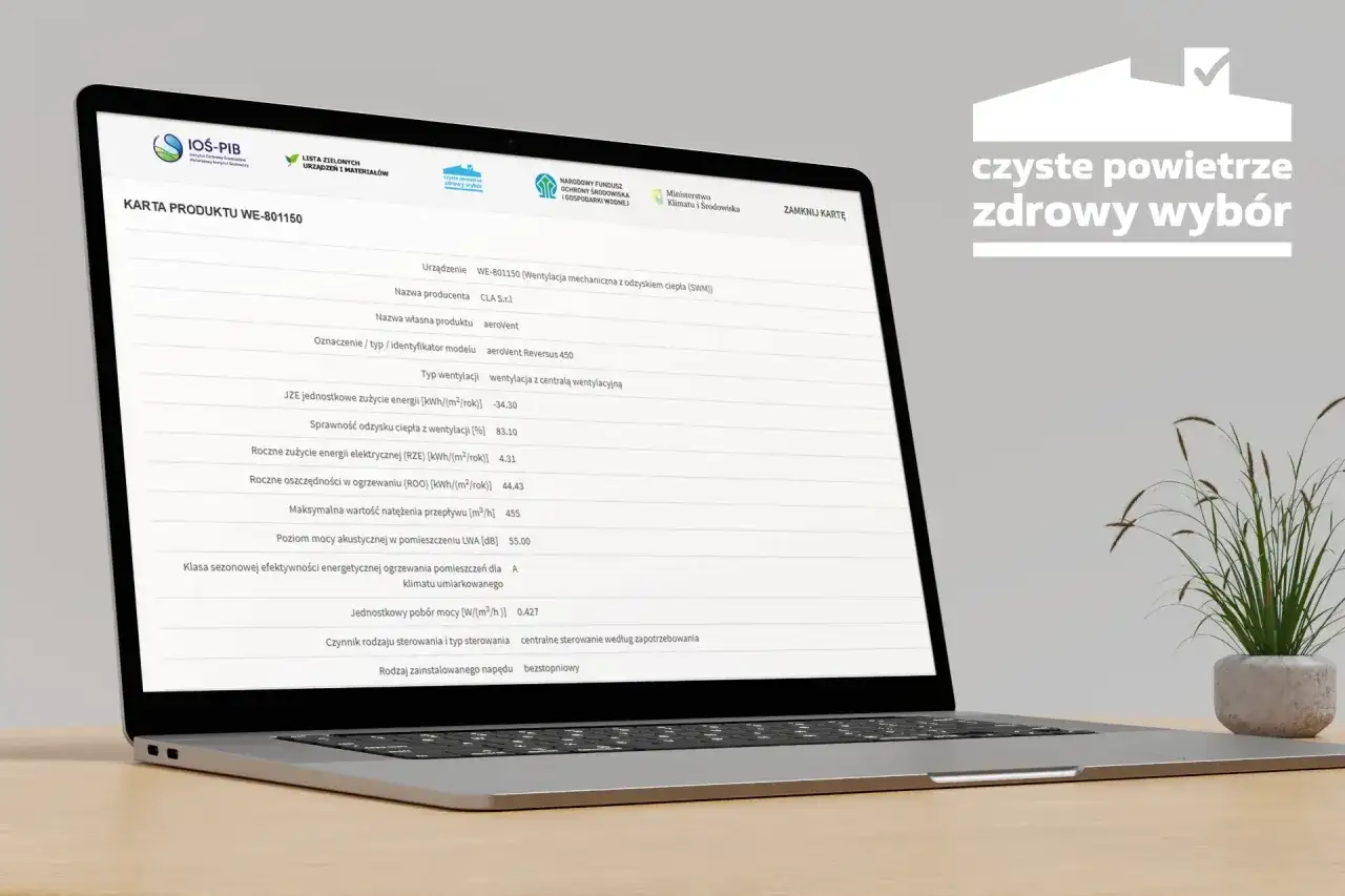 Karta produktu WE-801150 z danymi o wentylacji, wskazująca na możliwość uzyskania dotacji na ekologiczne rozwiązania.