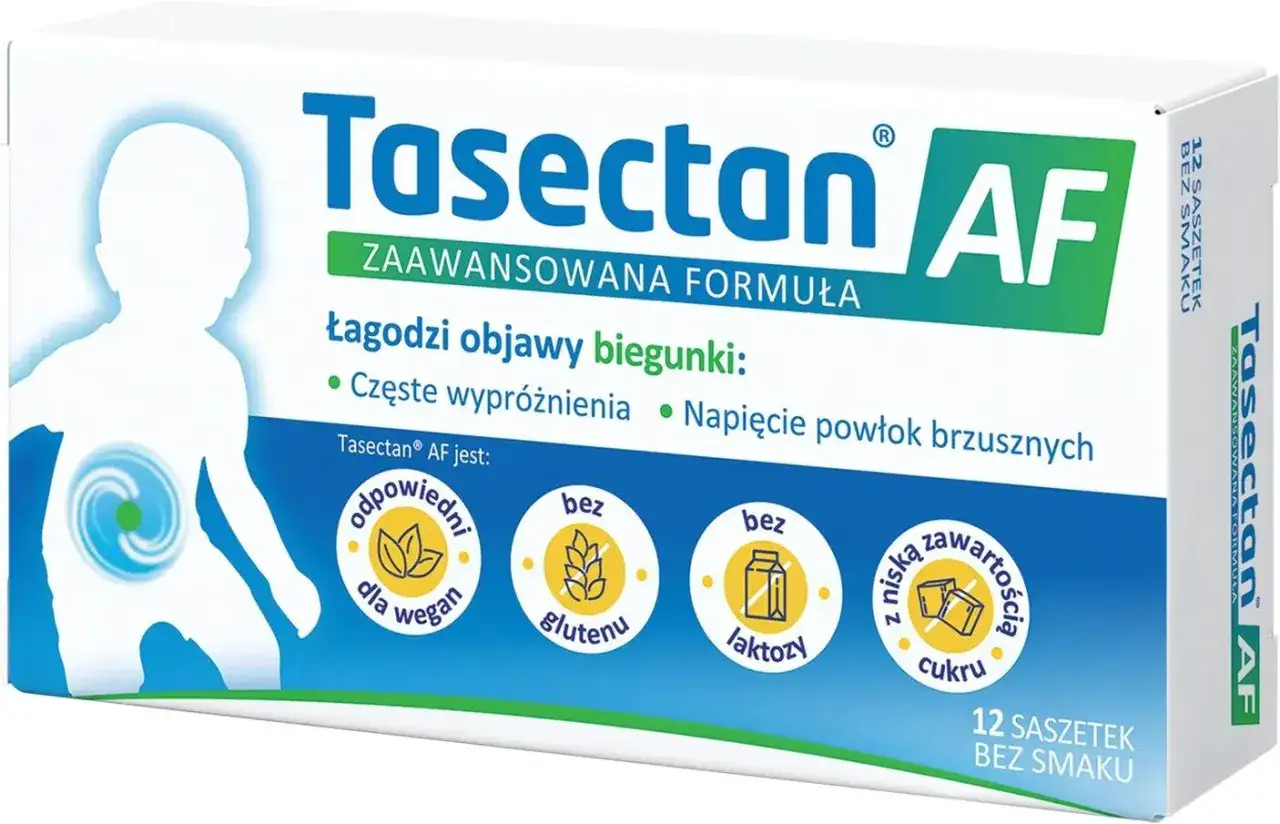 Opakowanie Tasectan AF, 12 saszetek bez smaku, łagodzi objawy biegunki, jest odpowiedni dla wegan, bez glutenu i laktozy.