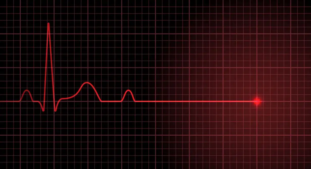 Linia EKG na czarnym tle z siatką. Po lewej widoczny rytm serca, po prawej płaska linia, symbolizująca migotanie komór.