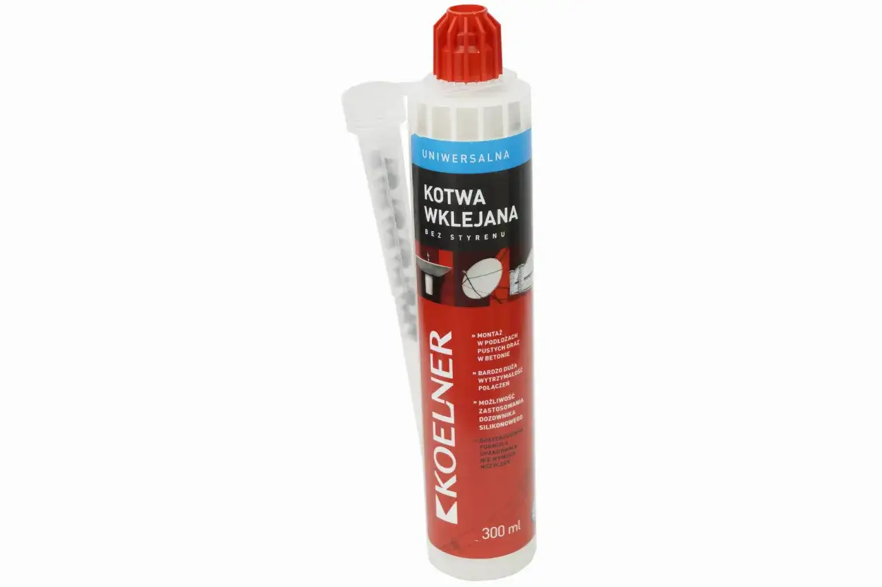Uniwersalna kotwa wklejana Koelner bez styrenu, 300 ml. Idealna do montażu w pustych podłożach i betonie, zapewnia dużą wytrzymałość połączeń.