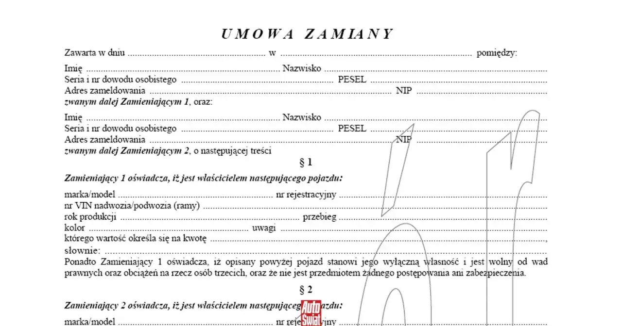 Umowa zamiany samochodu: dokument zawiera dane stron, szczegóły pojazdów i oświadczenia o własności.