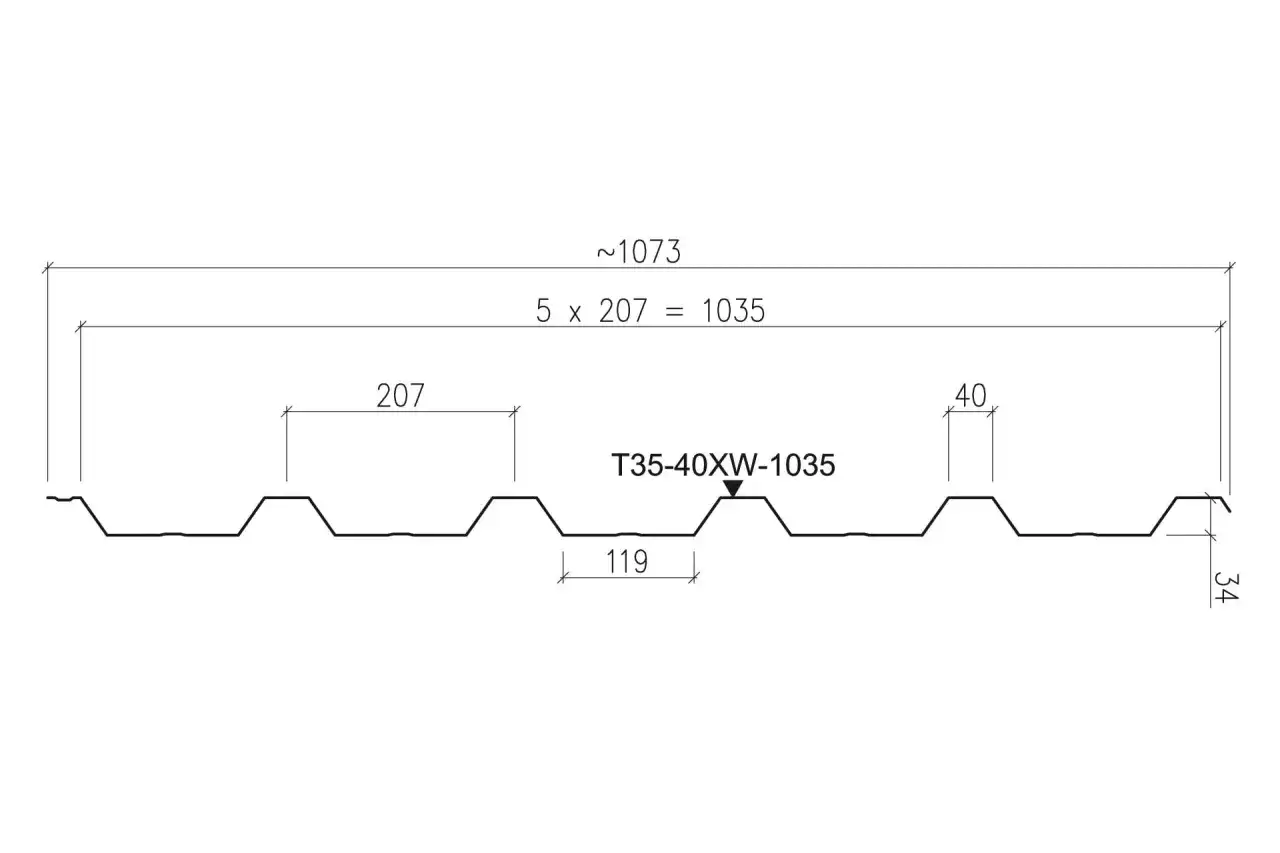 Profil blachy trapezowej T35-40XW-1035 z wymiarami: szerokość całkowita ~1073 mm, szerokość krycia 1035 mm, wysokość profilu 34 mm, rozstaw żeber 207 mm.