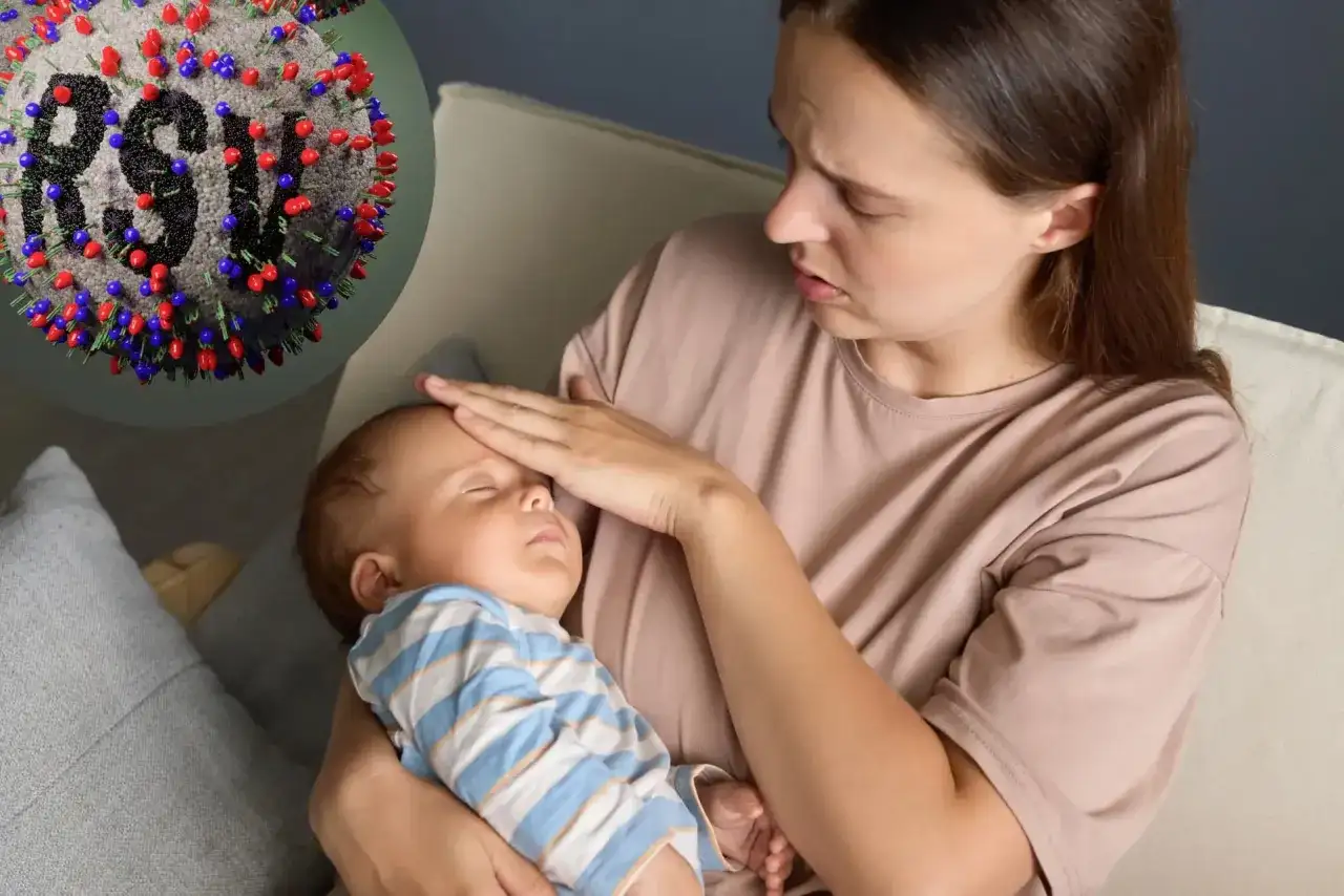 Zmartwiona mama sprawdza gorączkę u niemowlaka. W tle wirus RSV, który może być groźny dla maluchów.