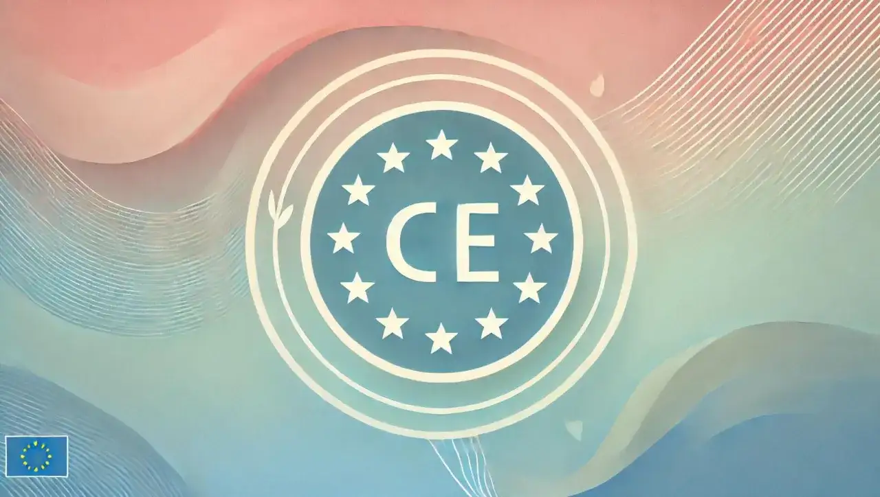 Le pictogramme CE, symbole de conformité européenne, est au centre d'un fond aux teintes douces de rose et bleu.