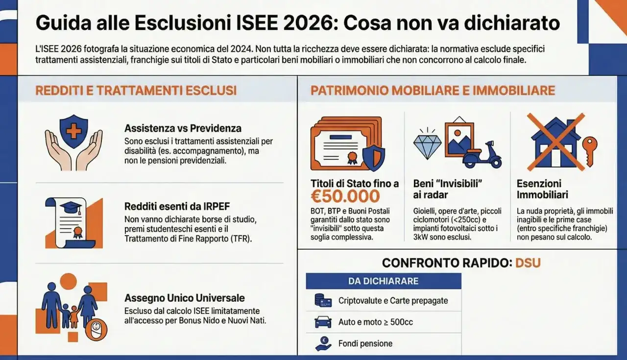 Guida alle esclusioni ISEE 2026: cosa non va dichiarato. Informazioni su invalidità civile e ISEE, trattamenti esclusi e patrimonio da non dichiarare.