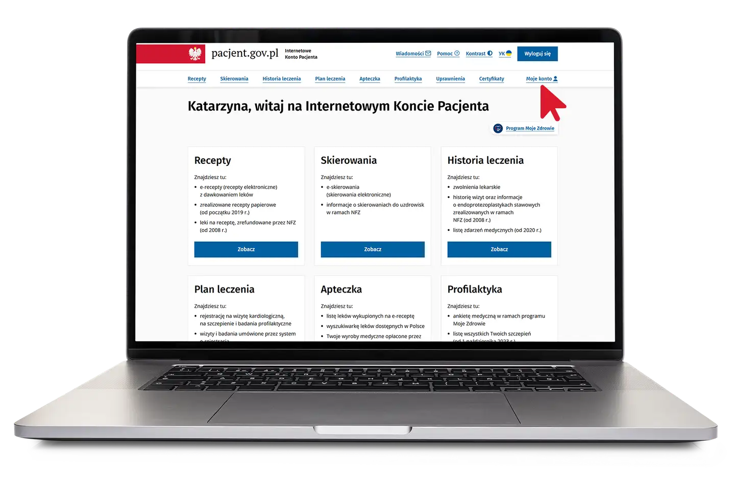 Na ekranie laptopa widoczny jest Internetowe Konto Pacjenta. Kliknięcie w "Moje konto" pomoże Ci dowiedzieć się, jak sprawdzić do jakiego oddziału NFZ należysz.