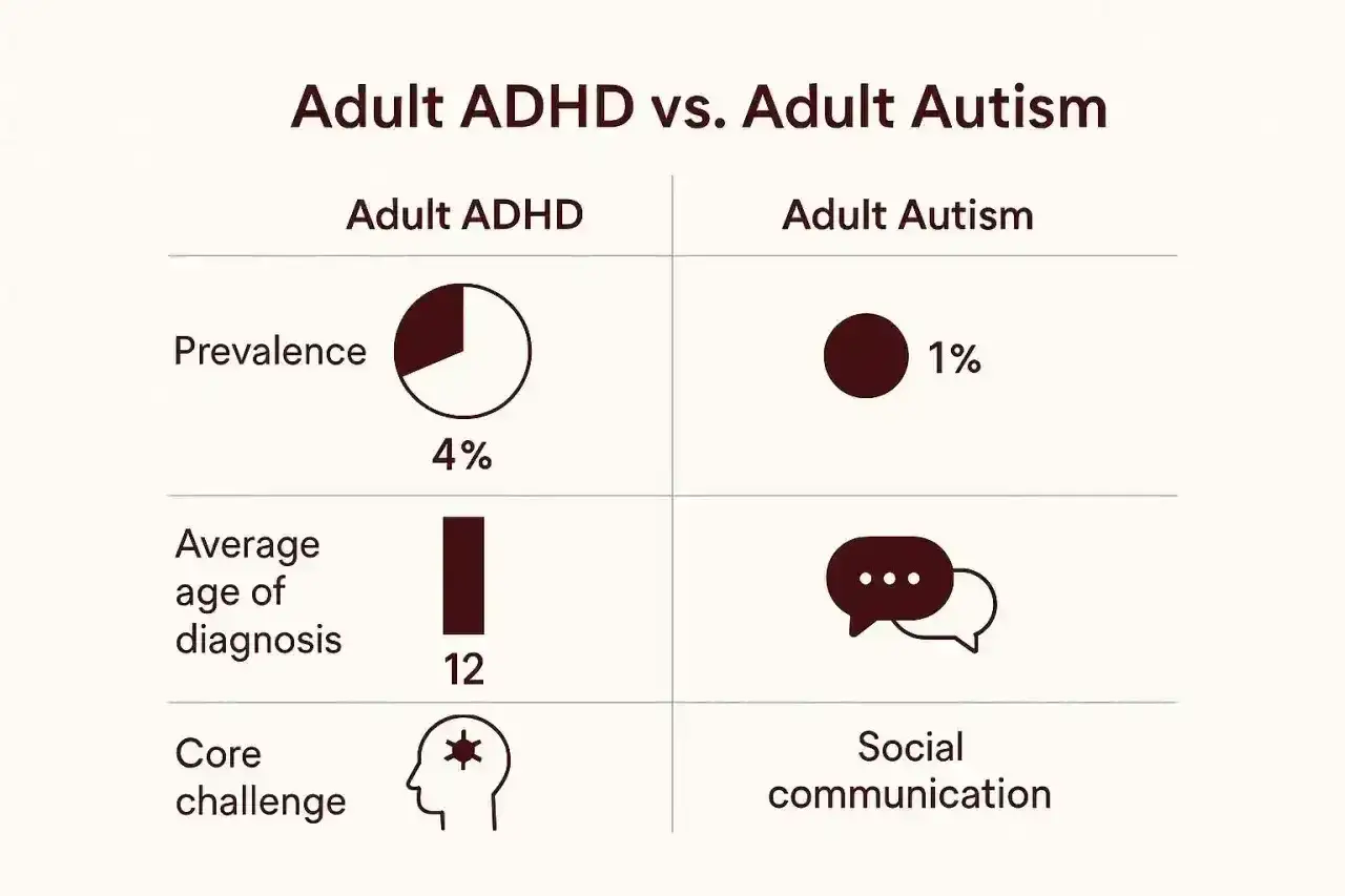 Porównanie ADHD i autyzmu u dorosłych: autyzm u dorosłych występuje u 1%, głównym wyzwaniem jest komunikacja społeczna.