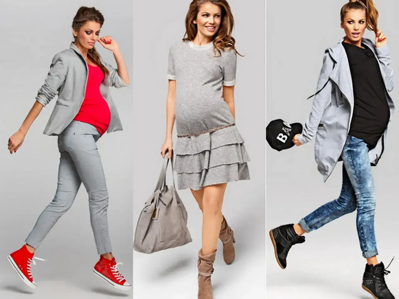 Trzy kobiety w ciąży prezentują stylową modę ciążową: elegancki zestaw z marynarką, zwiewną sukienkę i casualowy look z jeansami.