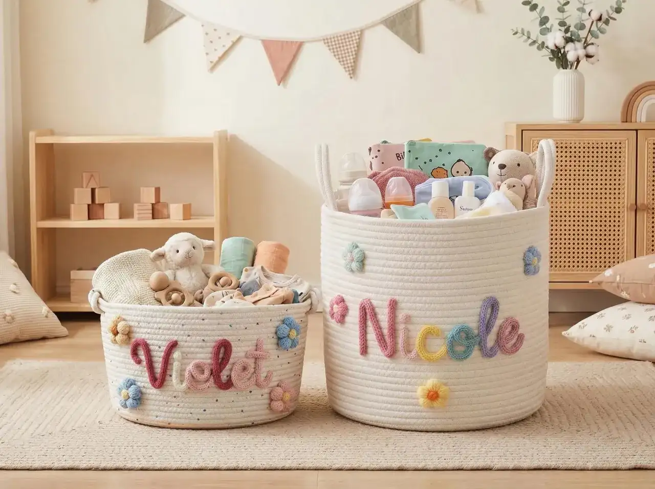 Dwa plecione kosze na zabawki, jeden z napisem "Violet", drugi z imieniem "Nicole", ozdobione kolorowymi kwiatkami i wypełnione pluszakami i akcesoriami dla dzieci.