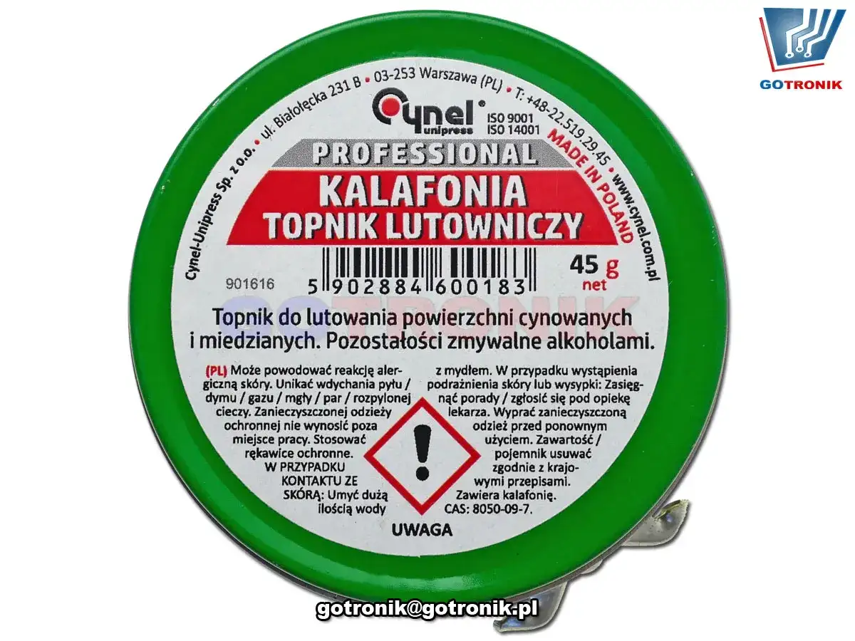 Zielone opakowanie z napisem "KALAFONIA TOPNIK LUTOWNICZY". Zawiera 45g produktu, który pomaga w lutowaniu.