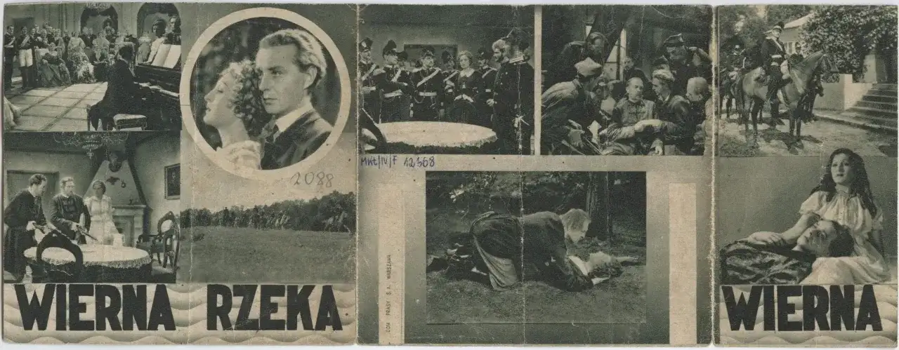 Kolaż scen z filmu "Wierna rzeka": para w okręgu, żołnierze, scena w lesie, kobieta z mężczyzną na rękach.