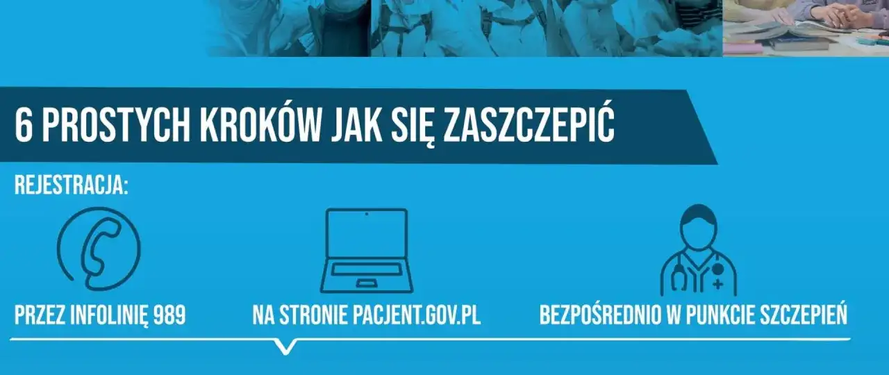 Ikony: telefon, laptop, lekarz. Tekst: 6 prostych kroków jak się zaszczepić. Rejestracja: infolinia 989, strona pacjent.gov.pl, punkt szczepień.